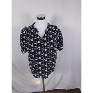 Draper James RSVP Blouse Womens Medium Black White Floral Embroidery Puff Sleeve